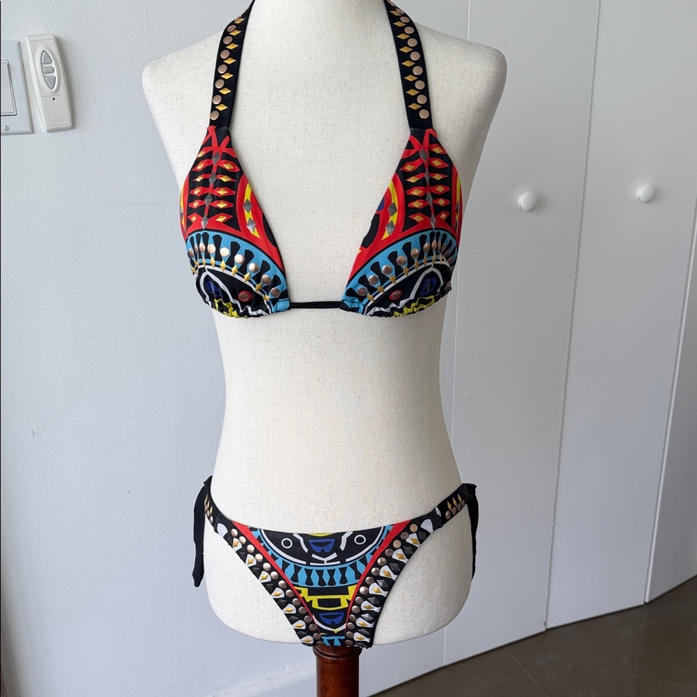 Agua Bendita Multicolor Tribal Print Halter Bikini - Red, Blue, Yellow, Black
